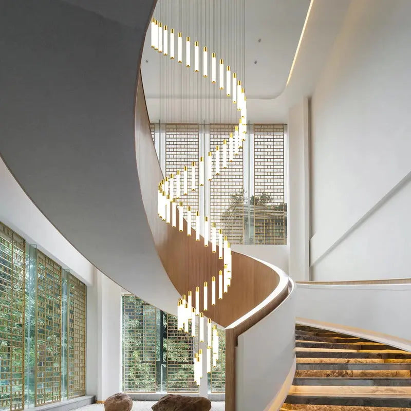 Black/Gold Long Hanging Led Chandelier for Stairwell for high ceiling staircase and foyer lighting