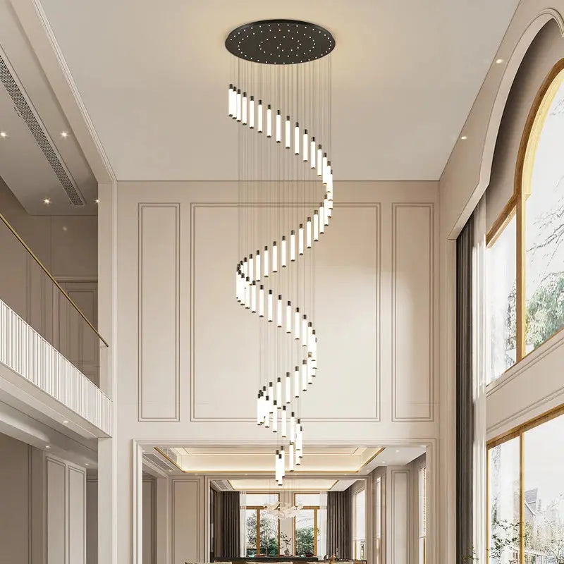 Black/Gold Long Hanging Led Chandelier for Stairwell for high ceiling staircase and foyer lighting