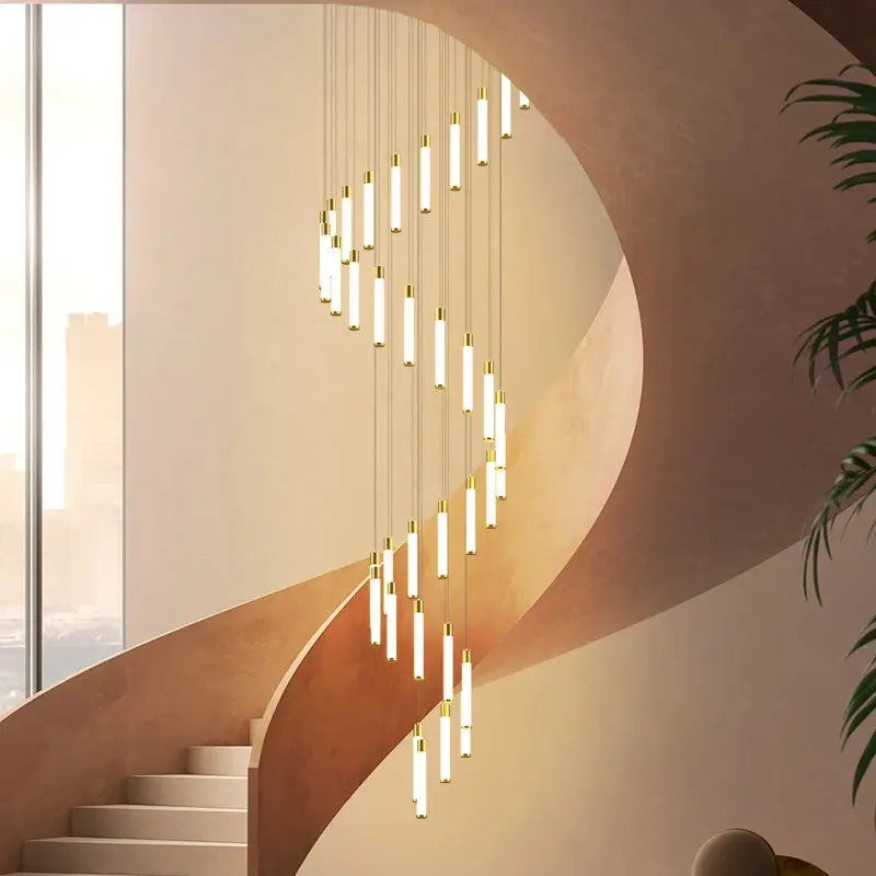 Black/Gold Long Hanging Led Chandelier for Stairwell for high ceiling staircase and foyer lighting