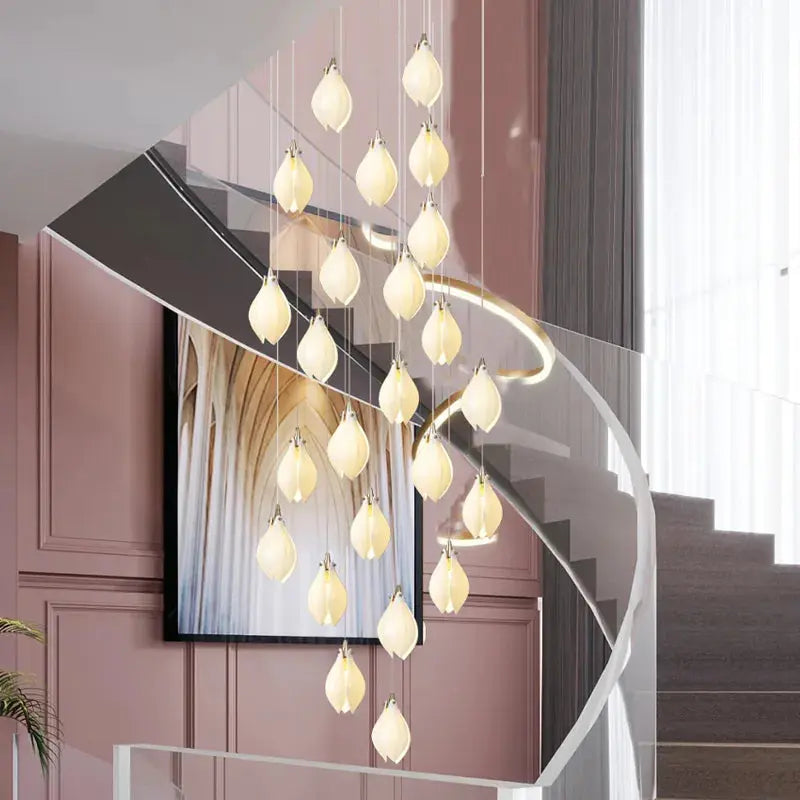 Ceramic Magnolia Staircase Chandelier 6/9/18/36 Lights for high ceiling staircase and foyer lighting