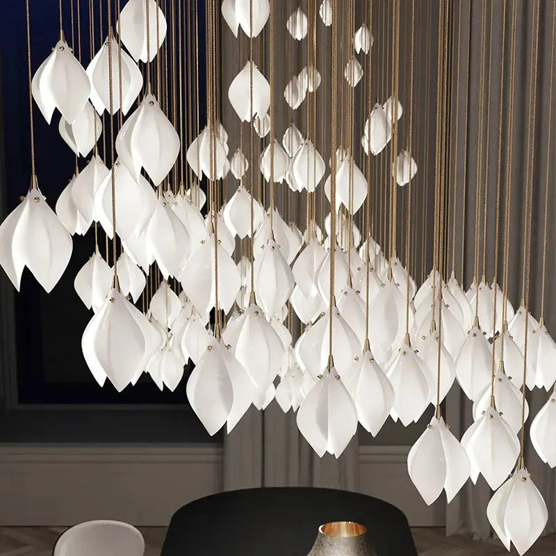 Ceramic Magnolia Staircase Chandelier 6/9/18/36 Lights for high ceiling staircase and foyer lighting