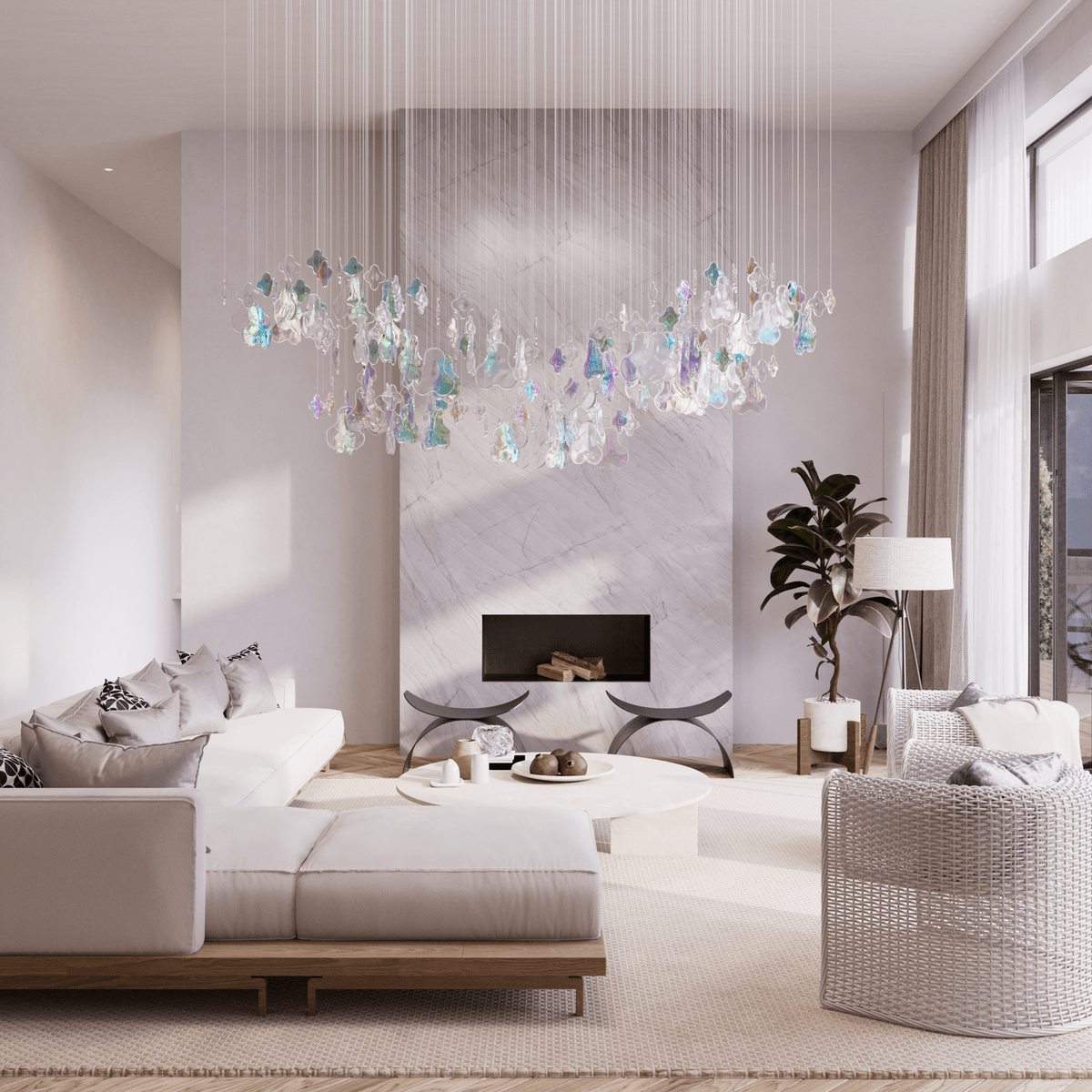 Iris Iridescent Blossom Chandelier chandelier in a tall interior