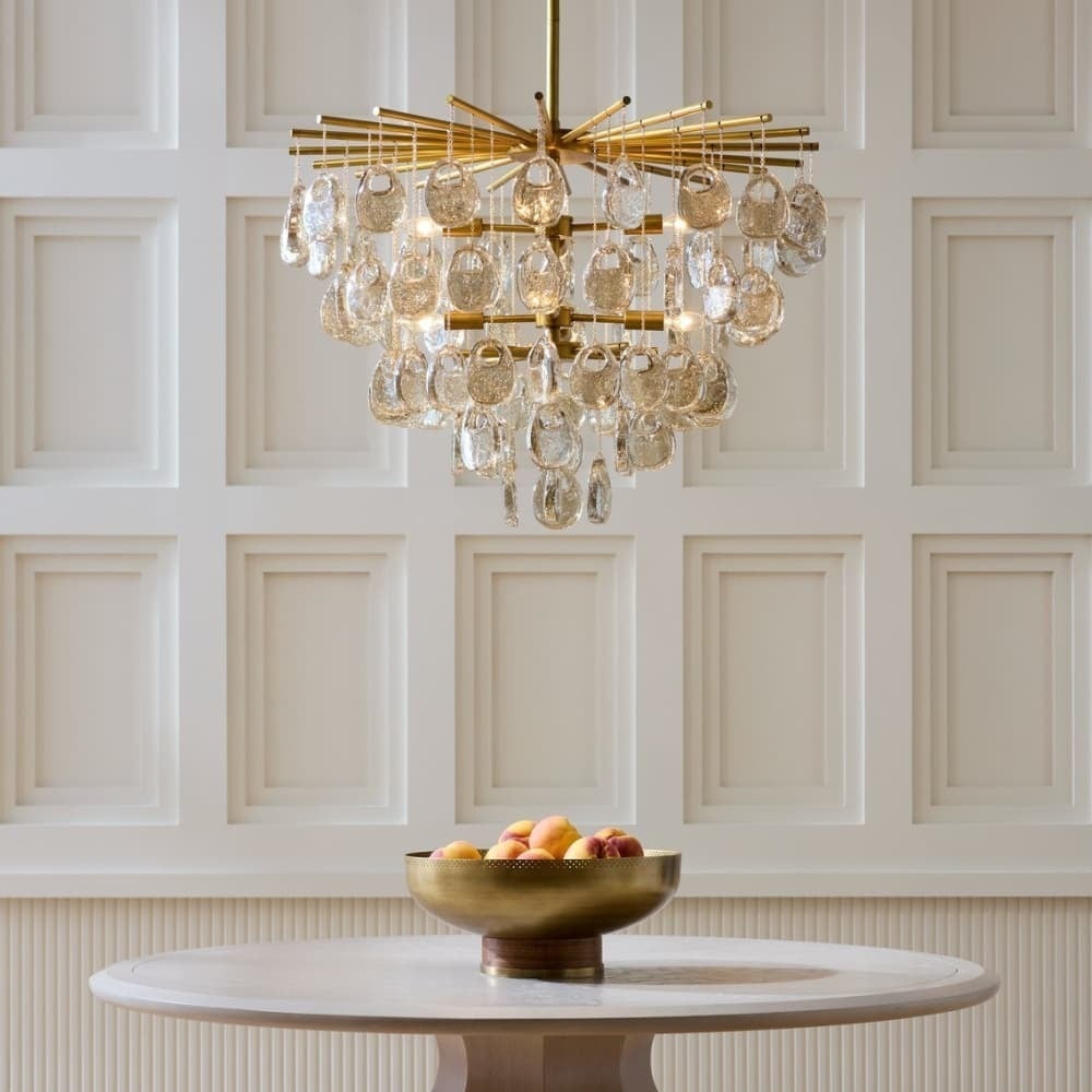 Modern Cascading Amber Glass Drop Chandelier chandelier in a tall interior