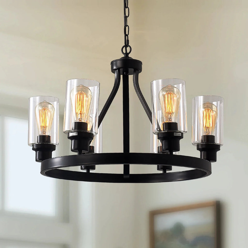 Jeshi 6-Lights Black Iron Wagon Wheel Chandelier - Bling Lighting Studio