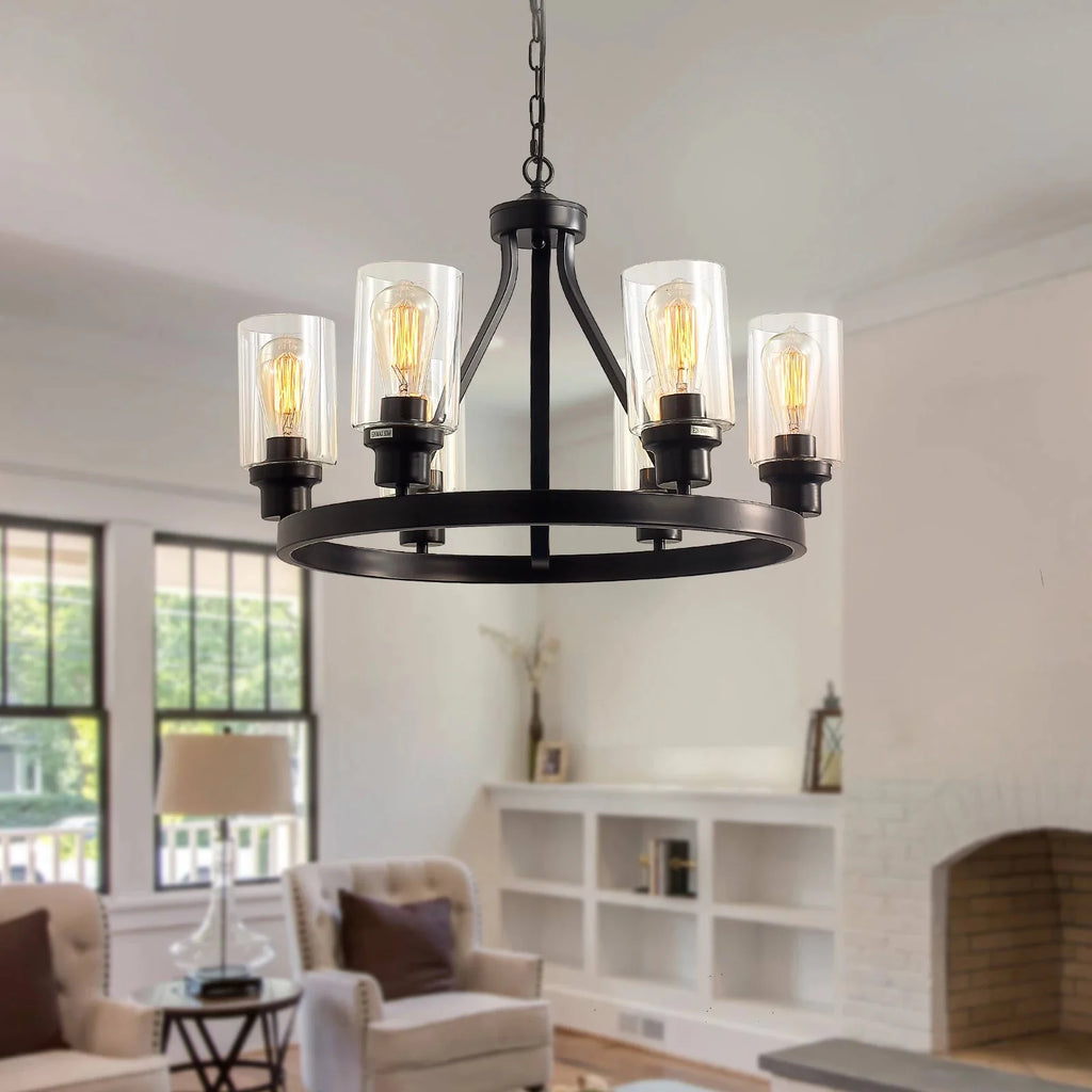 Jeshi 6-Lights Black Iron Wagon Wheel Chandelier - Bling Lighting Studio
