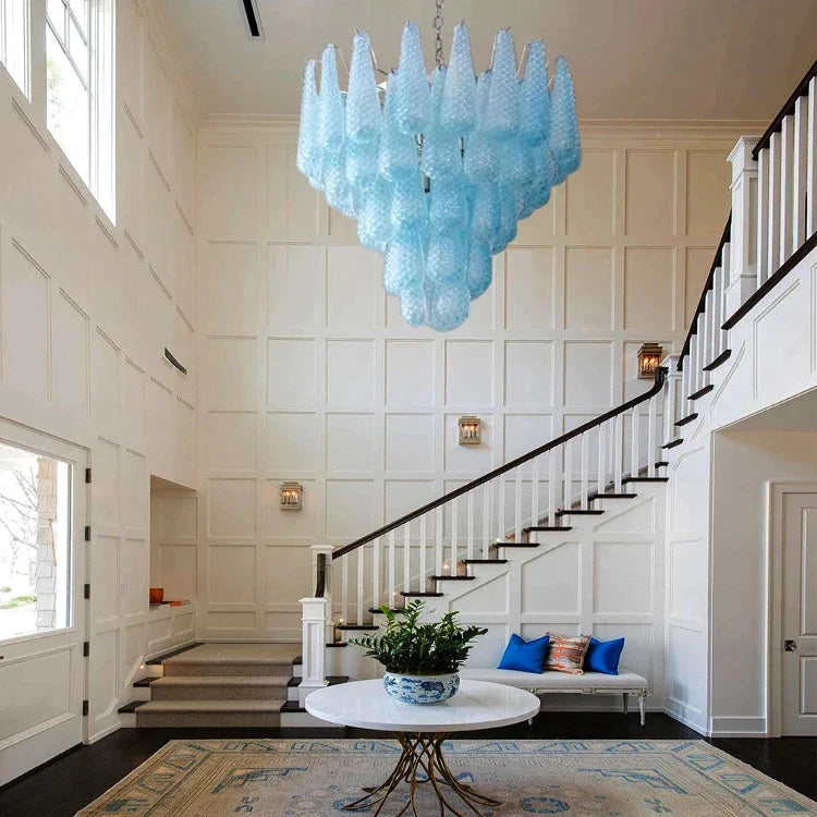Jia Vintage Glass Water Drop Staircase Chandelier for high ceiling staircase and foyer lighting