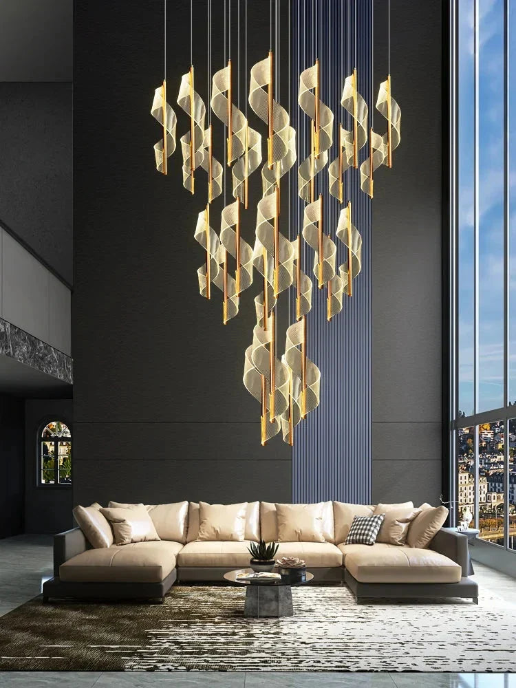 Kael Cascading Spiral Foyer Chandelier for high ceiling staircase and foyer lighting