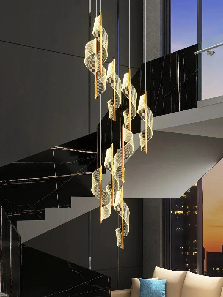 Kael Cascading Spiral Foyer Chandelier for high ceiling staircase and foyer lighting