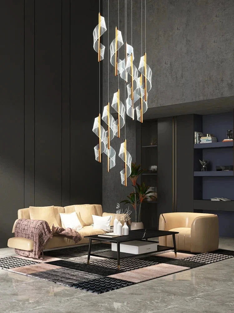 Kael Cascading Spiral Foyer Chandelier for high ceiling staircase and foyer lighting