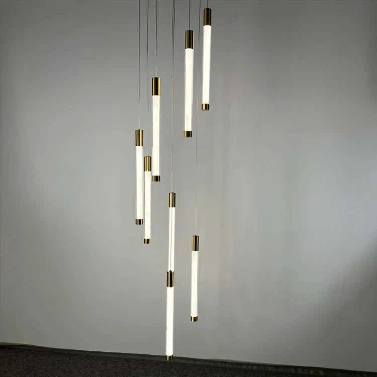 Kate Modern Gold Tube LED Staircase Chandelier for high ceiling staircase and foyer lighting