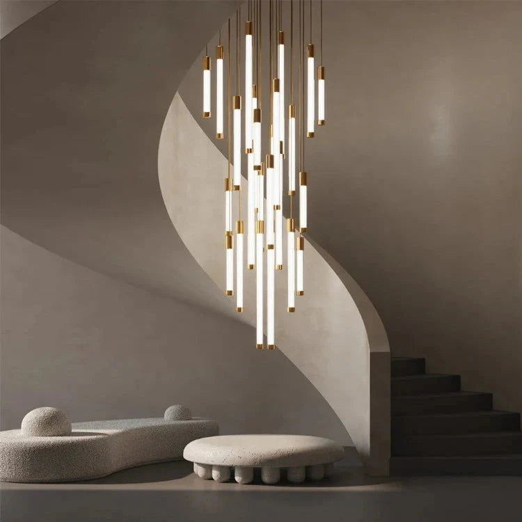 Kate Modern Gold Tube LED Staircase Chandelier for high ceiling staircase and foyer lighting