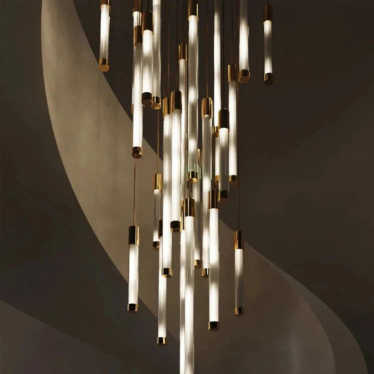 Kate Modern Gold Tube LED Staircase Chandelier for high ceiling staircase and foyer lighting