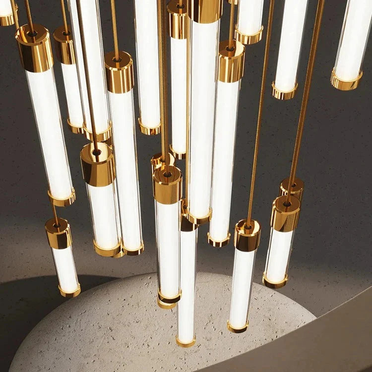 Kate Modern Gold Tube LED Staircase Chandelier for high ceiling staircase and foyer lighting
