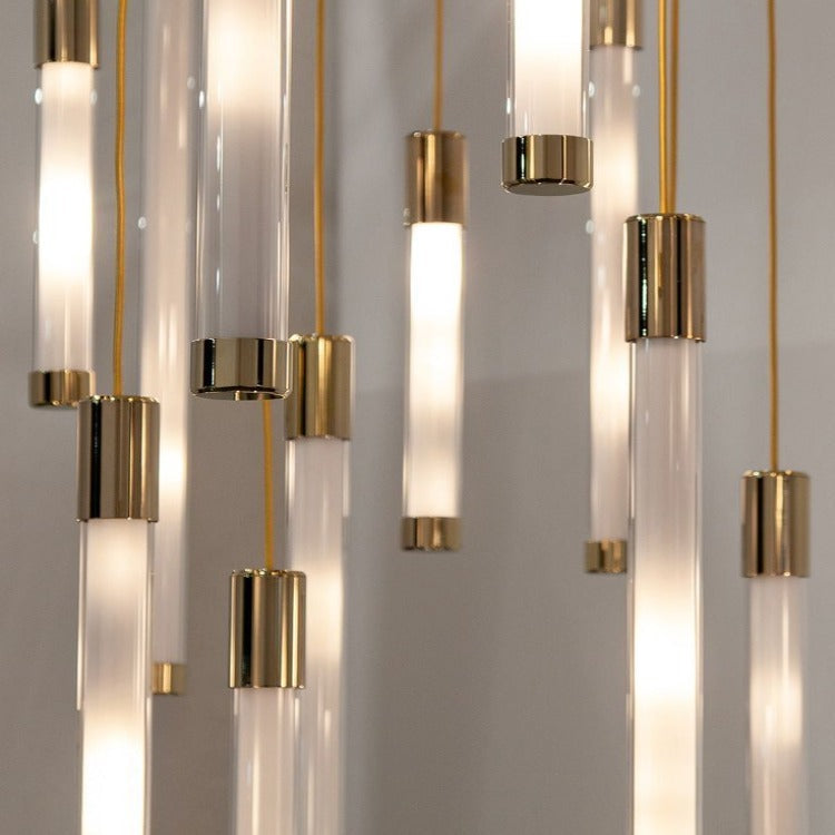 Kate Modern Gold Tube LED Staircase Chandelier for high ceiling staircase and foyer lighting