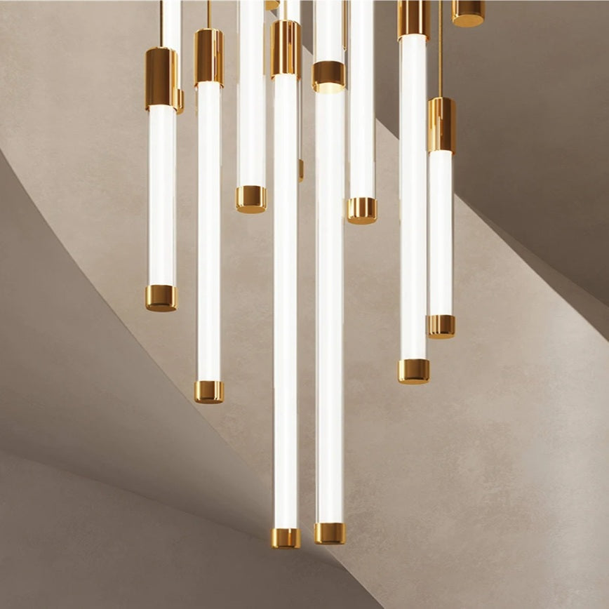 Kate Modern Gold Tube LED Staircase Chandelier for high ceiling staircase and foyer lighting