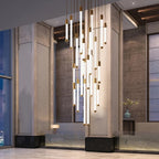 Kate Modern Gold Tube LED Staircase Chandelier for high ceiling staircase and foyer lighting
