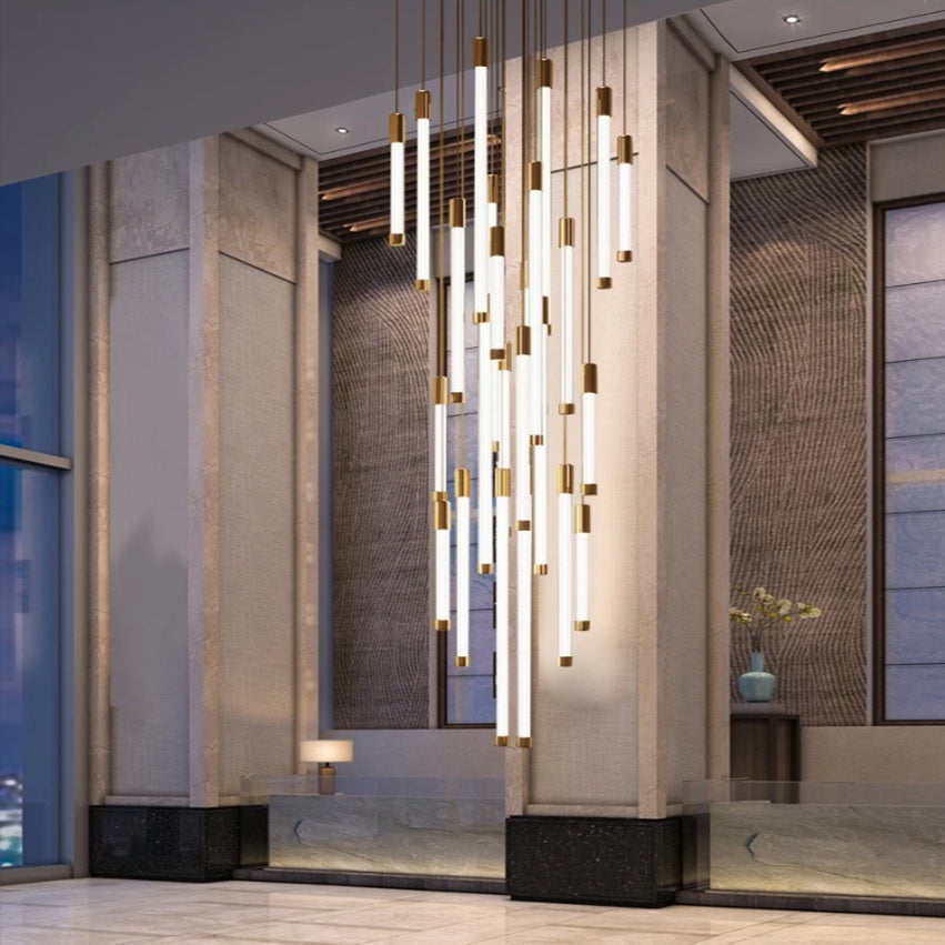 Kate Modern Gold Tube LED Staircase Chandelier for high ceiling staircase and foyer lighting