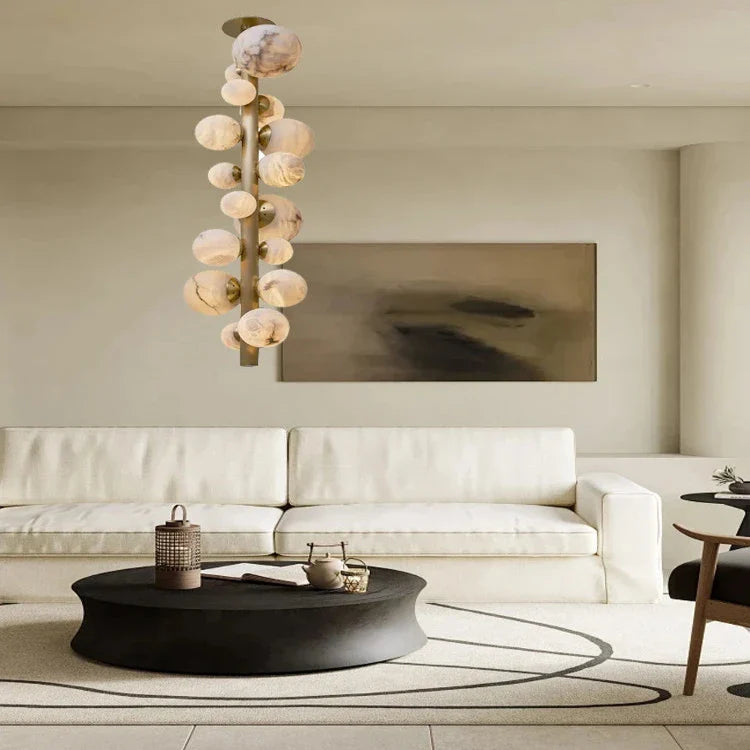 Leila Modern Marble Ball Vertical Liner Chandelier for high ceiling staircase and foyer lighting
