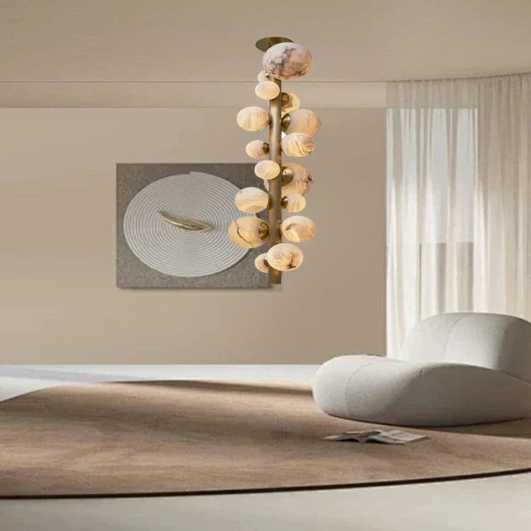 Leila Modern Marble Ball Vertical Liner Chandelier for high ceiling staircase and foyer lighting