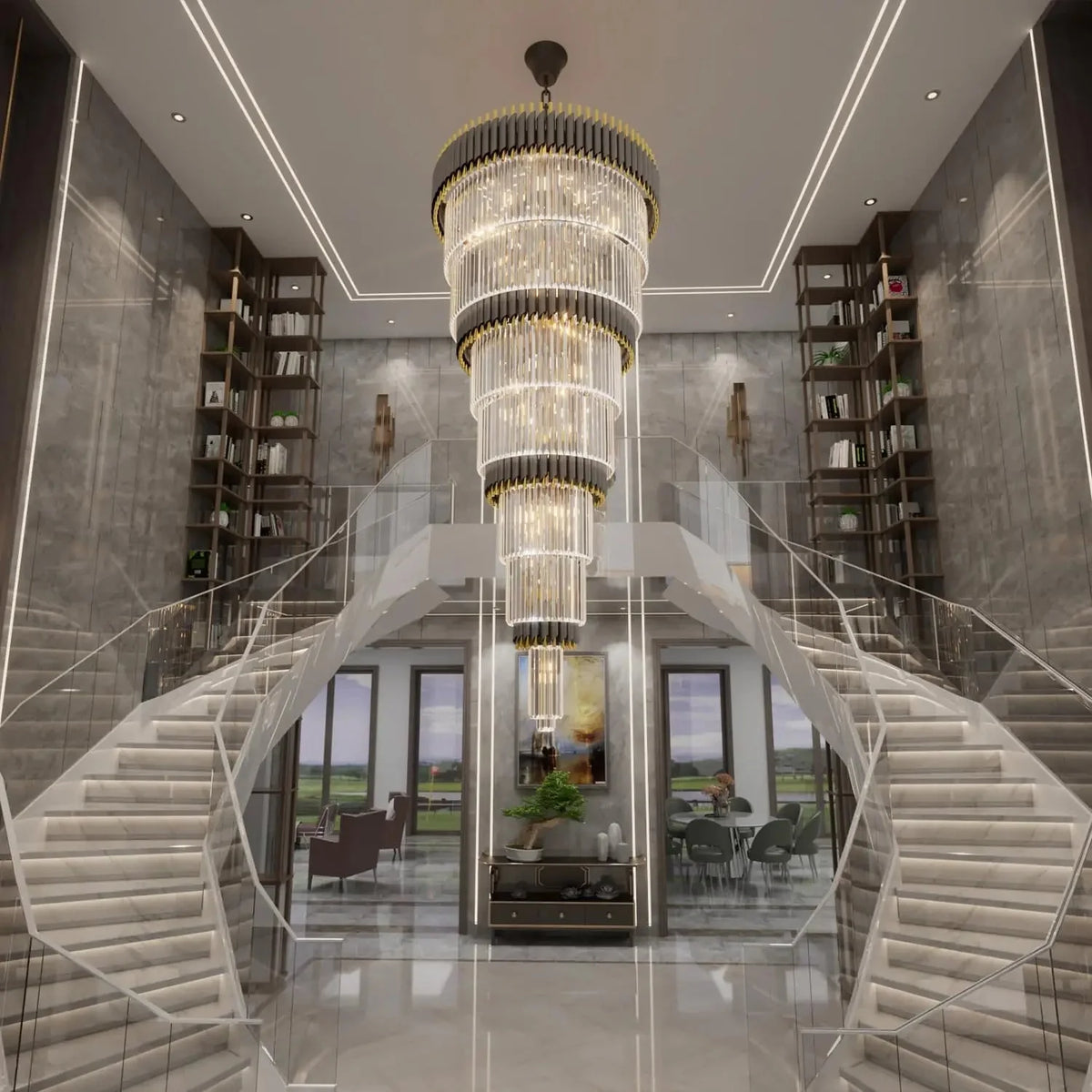 Oversize Crystal Chandelier chandelier in a tall interior
