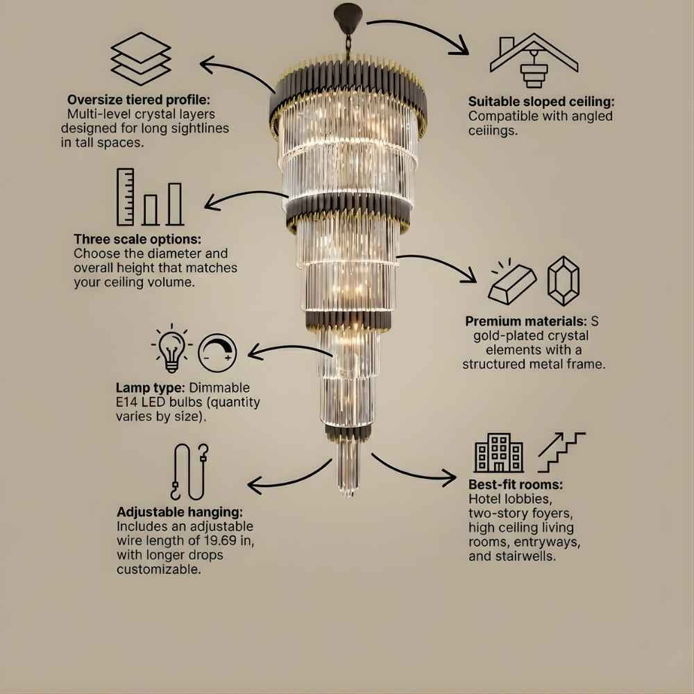 Luxury Oversize Crystal Chandelier for high ceiling staircase and foyer lighting