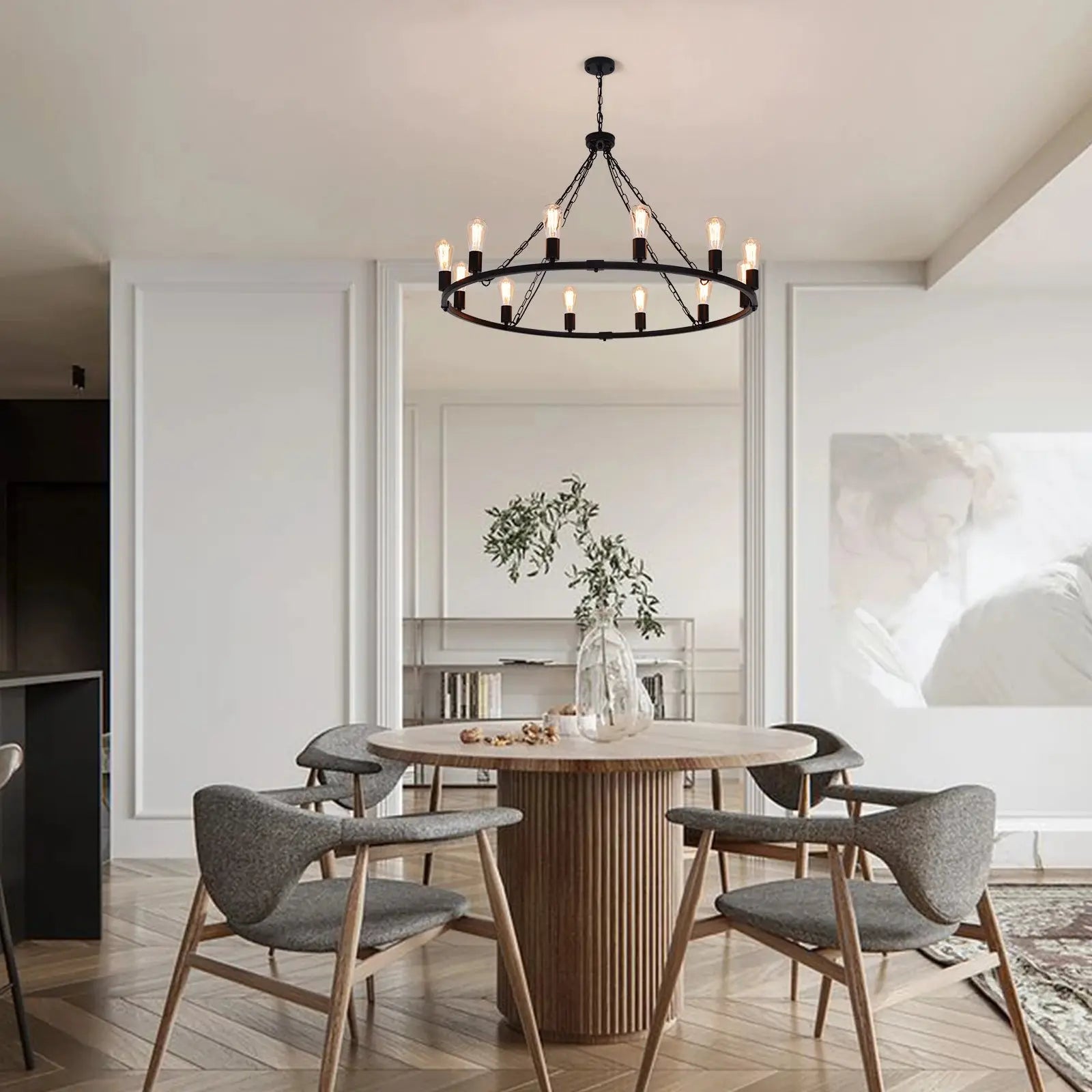 Metal 12 Light Black Chandelier Fixture for high ceiling staircase and foyer lighting
