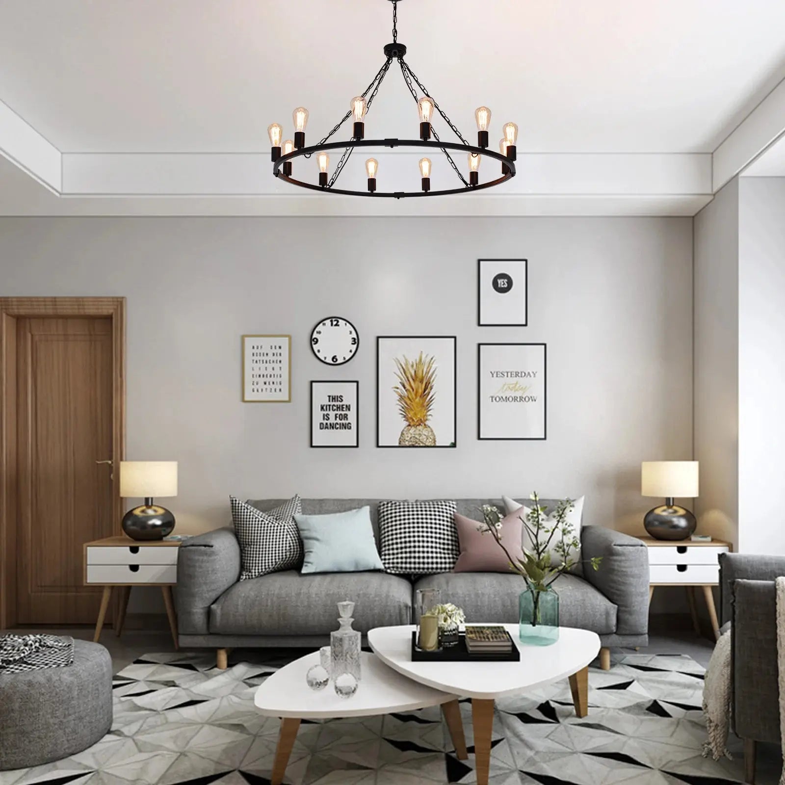 Metal 12 Light Black Chandelier Fixture for high ceiling staircase and foyer lighting