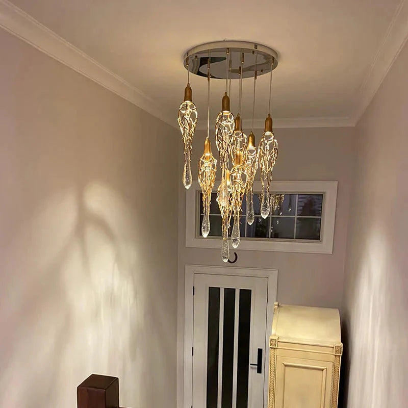 Modern Crystal Glass Drops Chandelier for Staircase for high ceiling staircase and foyer lighting