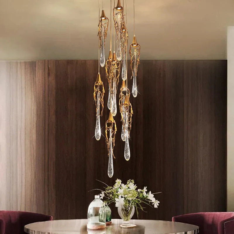 Modern Crystal Glass Drops Chandelier for Staircase for high ceiling staircase and foyer lighting