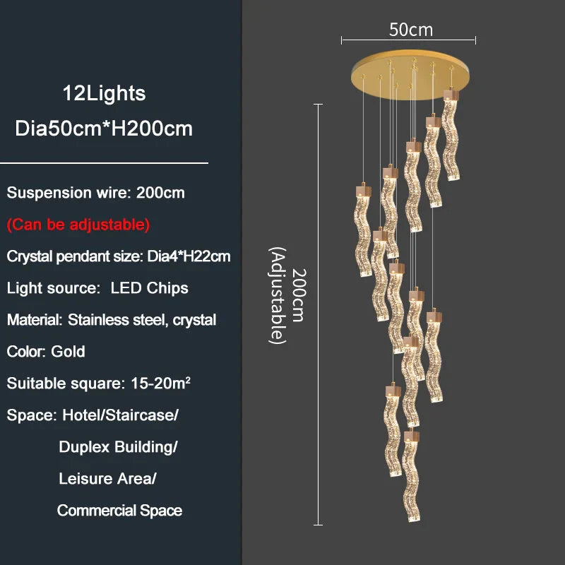 Modern Gold Long Crystal Hanging Light Fixture for Staircase for high ceiling staircase and foyer lighting