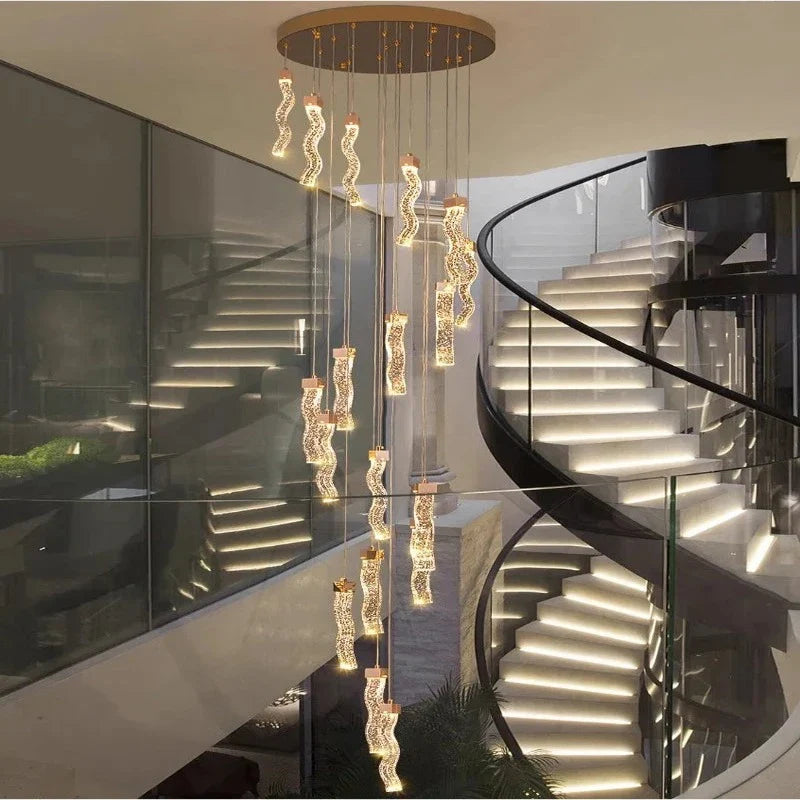 Modern Gold Long Crystal Hanging Light Fixture for Staircase for high ceiling staircase and foyer lighting