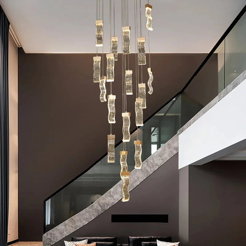 Modern Gold Long Crystal Hanging Light Fixture for Staircase for high ceiling staircase and foyer lighting