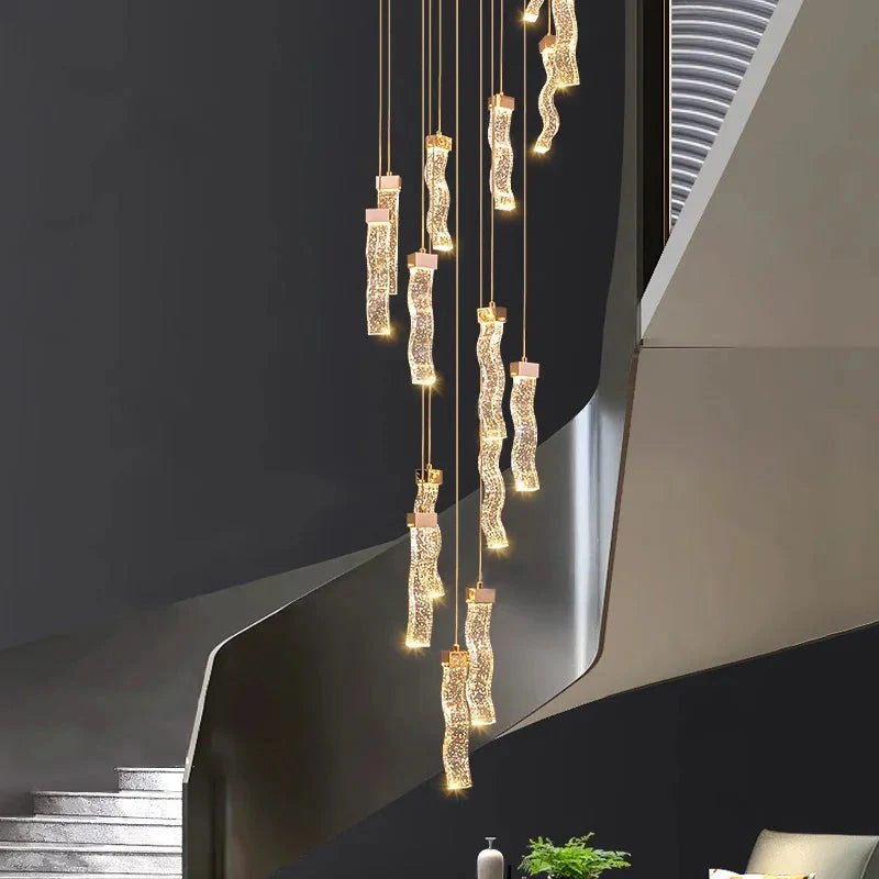 Modern Gold Long Crystal Hanging Light Fixture for Staircase for high ceiling staircase and foyer lighting