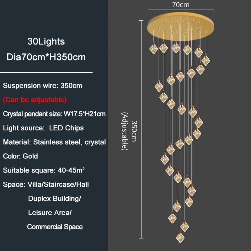 Modern Gold Long Spiral Crystal Chandelier for Staircase for high ceiling staircase and foyer lighting