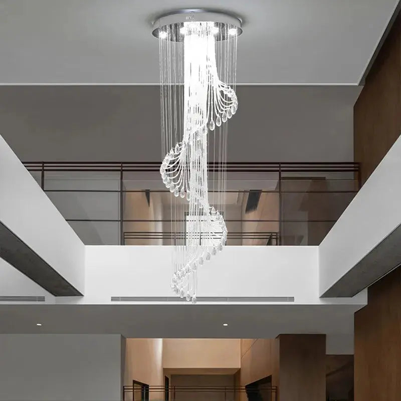 Modern Spiral Crystal Staircace Ceiling Chandelier for high ceiling staircase and foyer lighting