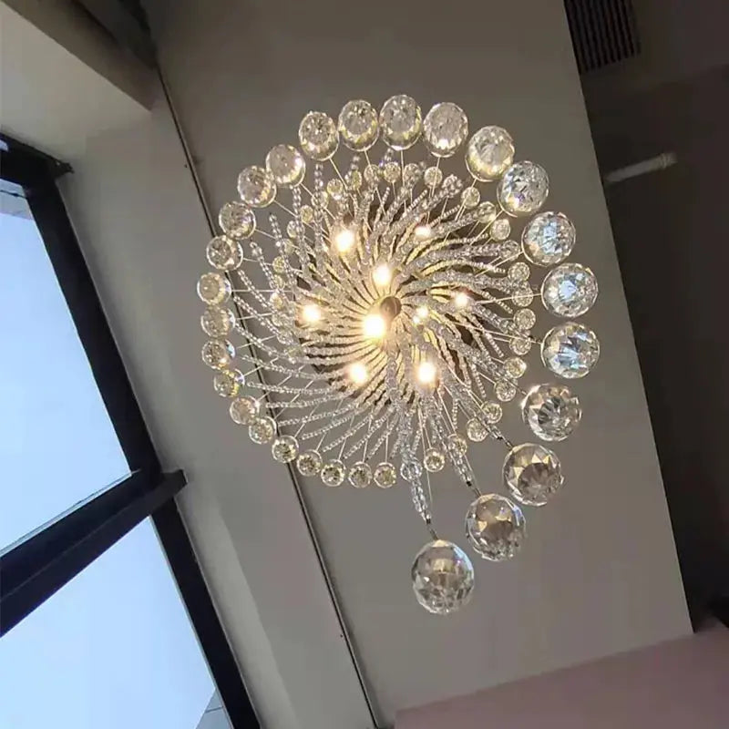 Modern Spiral Crystal Staircace Ceiling Chandelier for high ceiling staircase and foyer lighting