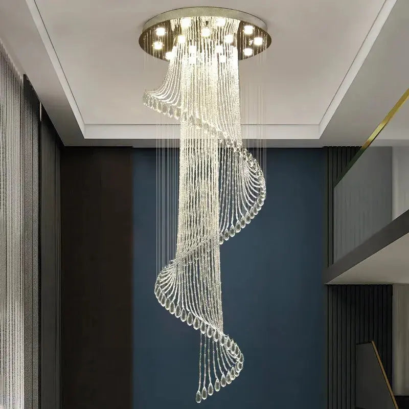 Modern Spiral Crystal Staircace Ceiling Chandelier for high ceiling staircase and foyer lighting
