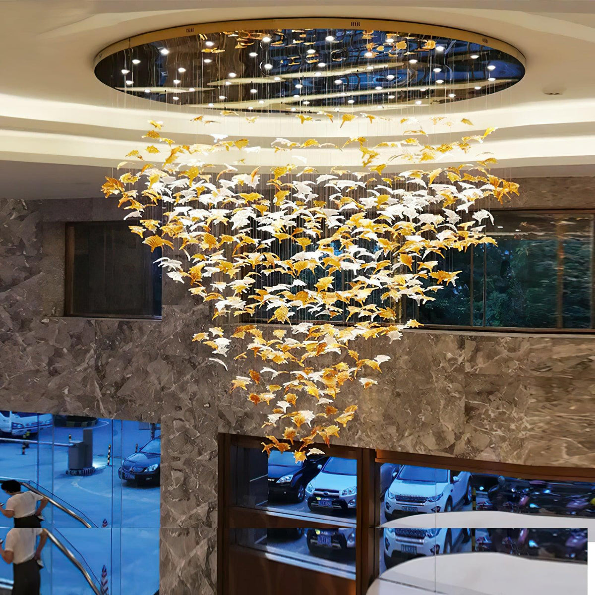 Multicolor Crystal Maple Leaf Chandelier chandelier in a tall interior
