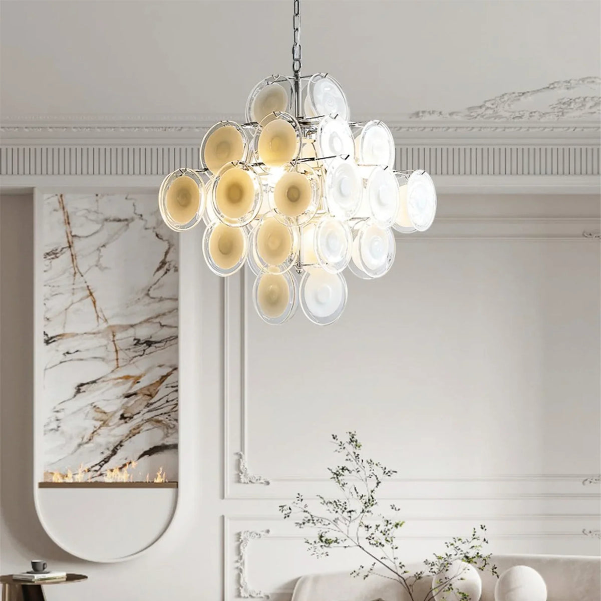 Murano-Style Disc White Clear Glass Chandelier chandelier in a tall interior