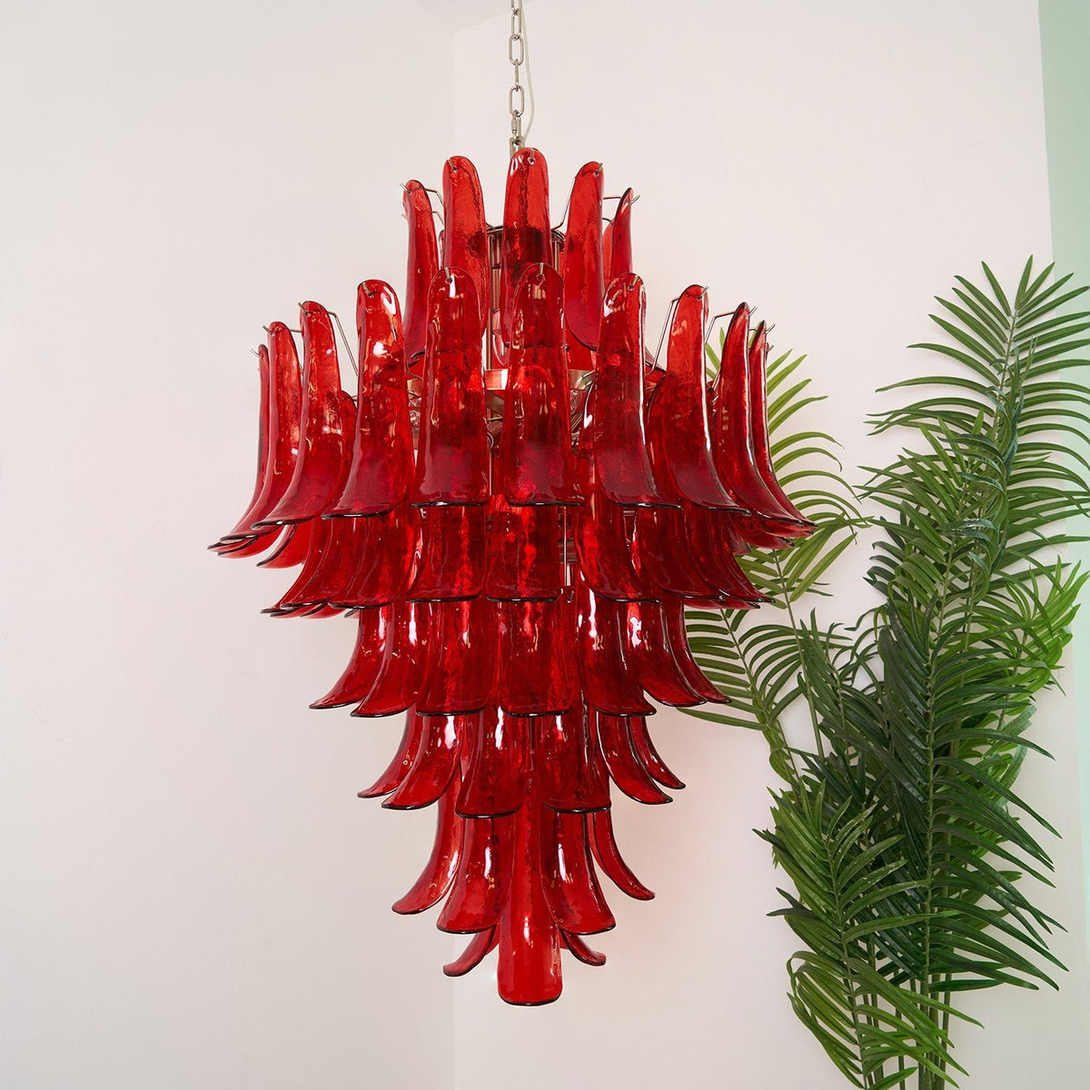 Luxury Murano-Style Crimson Cascade Chandelier chandelier in a tall interior