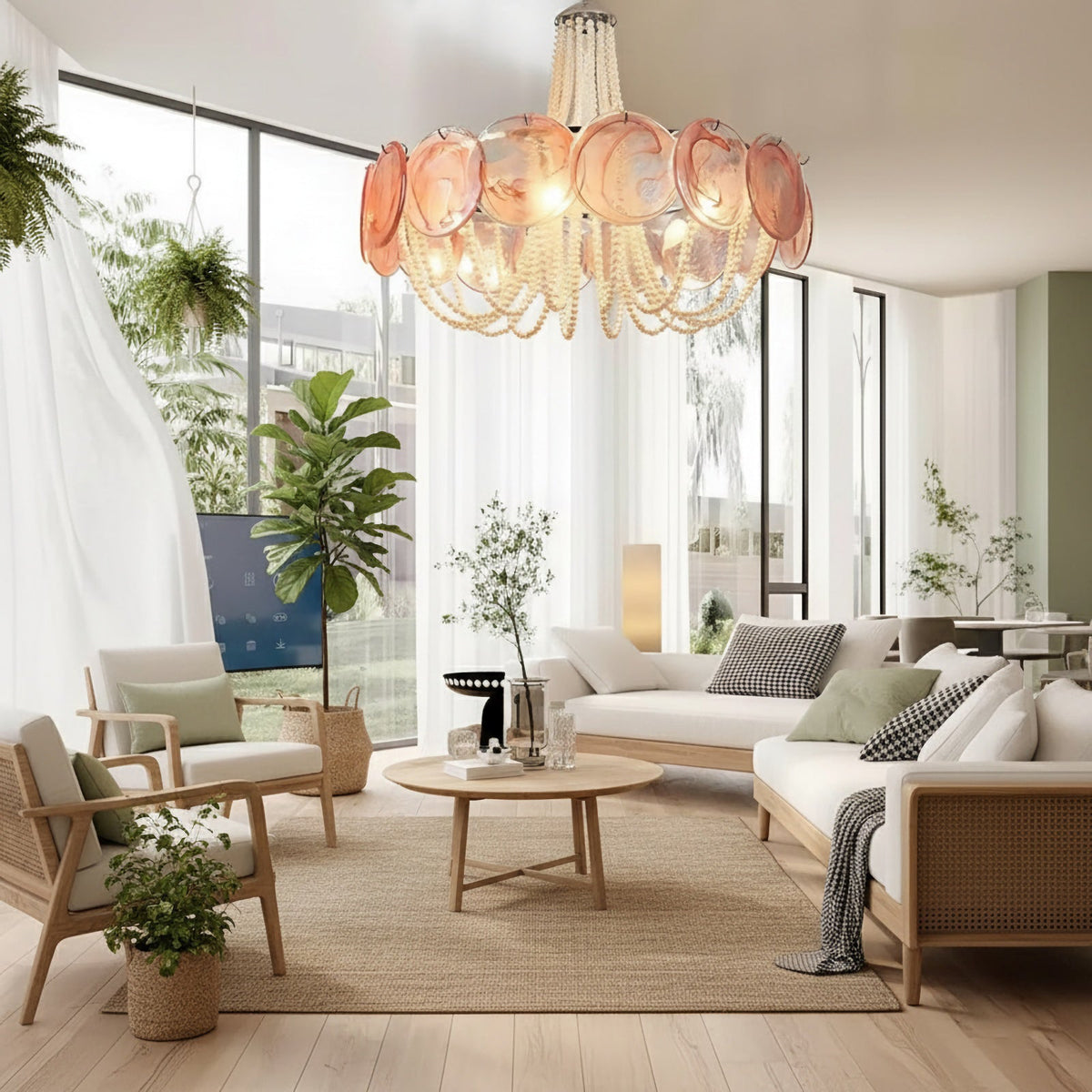 Murano-Style Pink Disc Glass Chandelier chandelier in a tall interior