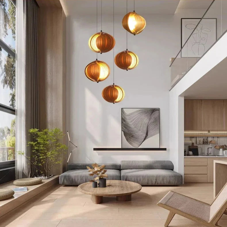 Nia Wood Staircase Chandelier for high ceiling staircase and foyer lighting