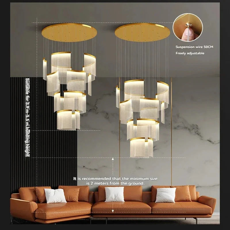Nordic Ceiling Stair Chandelier Gold/Black for high ceiling staircase and foyer lighting