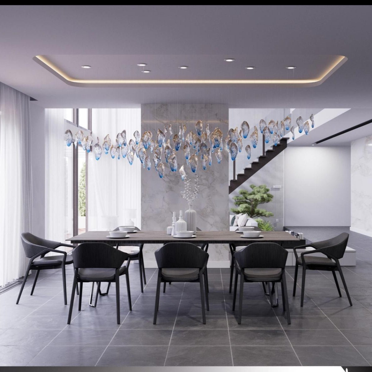 Ocean Drift Blown Glass Custom Chandelier chandelier in a tall interior
