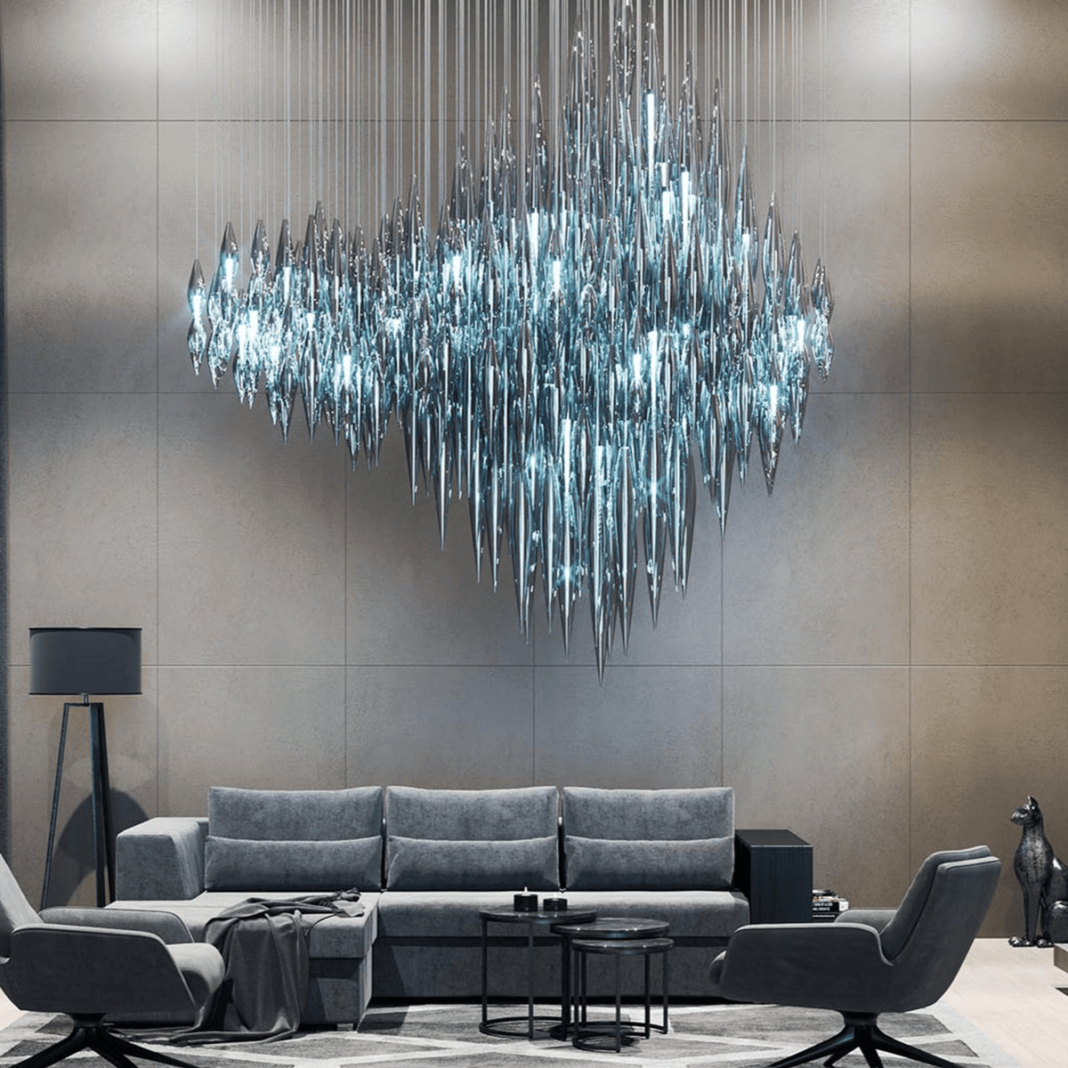 Opera High Ceiling Linear Chandelier chandelier in a tall interior