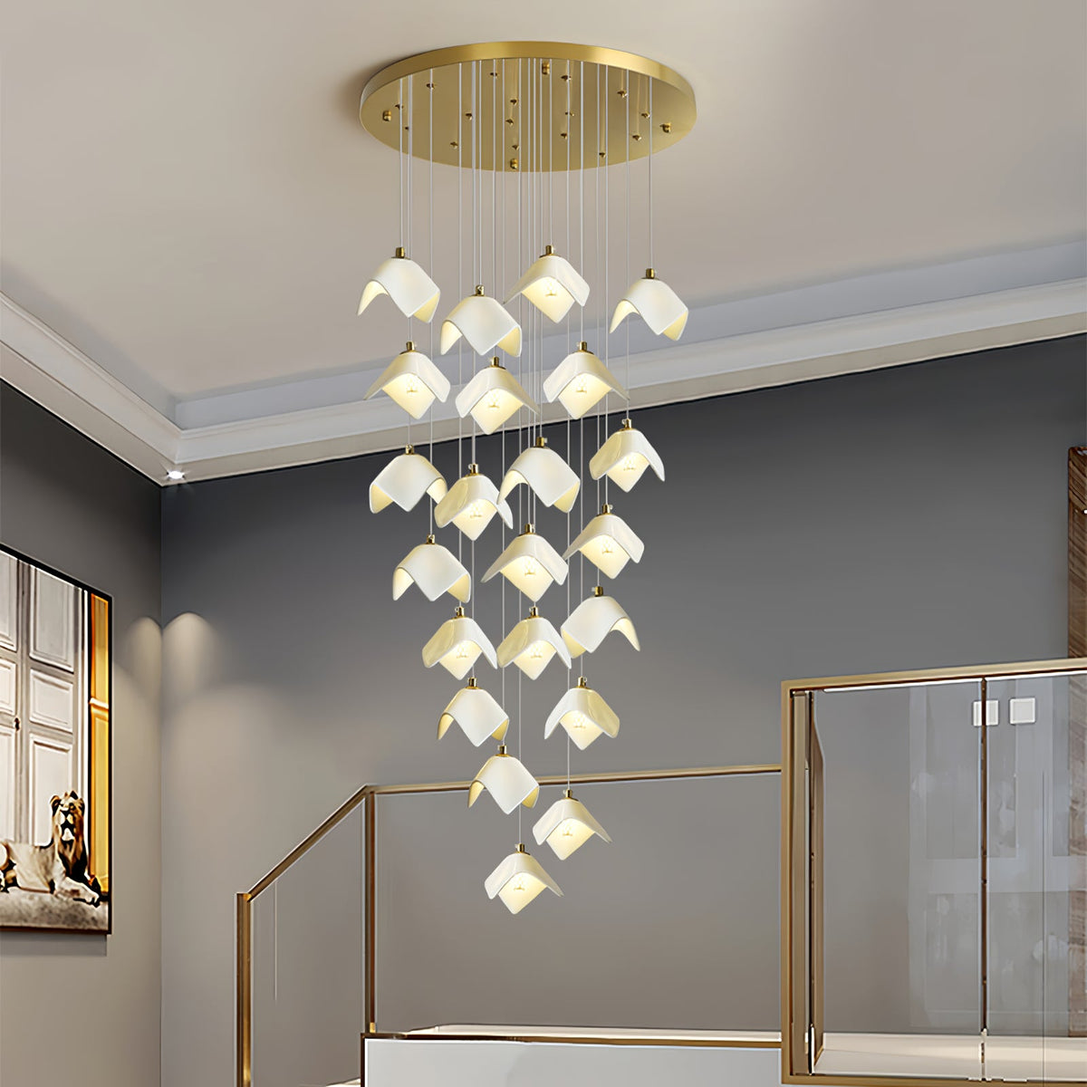 Orlani Cascade Stairs Chandelier chandelier in a tall interior