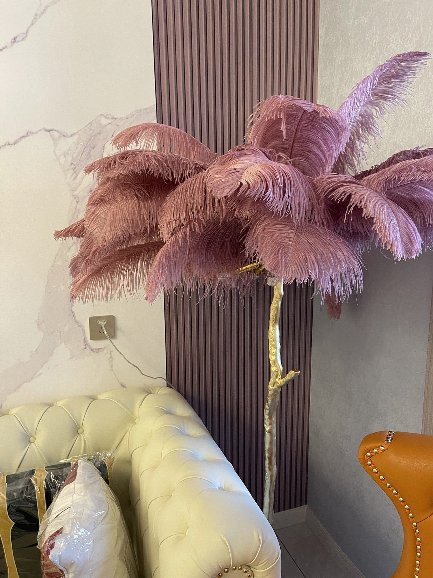 Ostrich Feather Brass Floor Lamp by Bling Lighting Studio