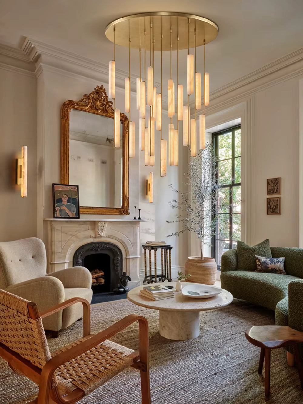 Palix Marble and Brass Chandelier for high ceiling staircase and foyer lighting
