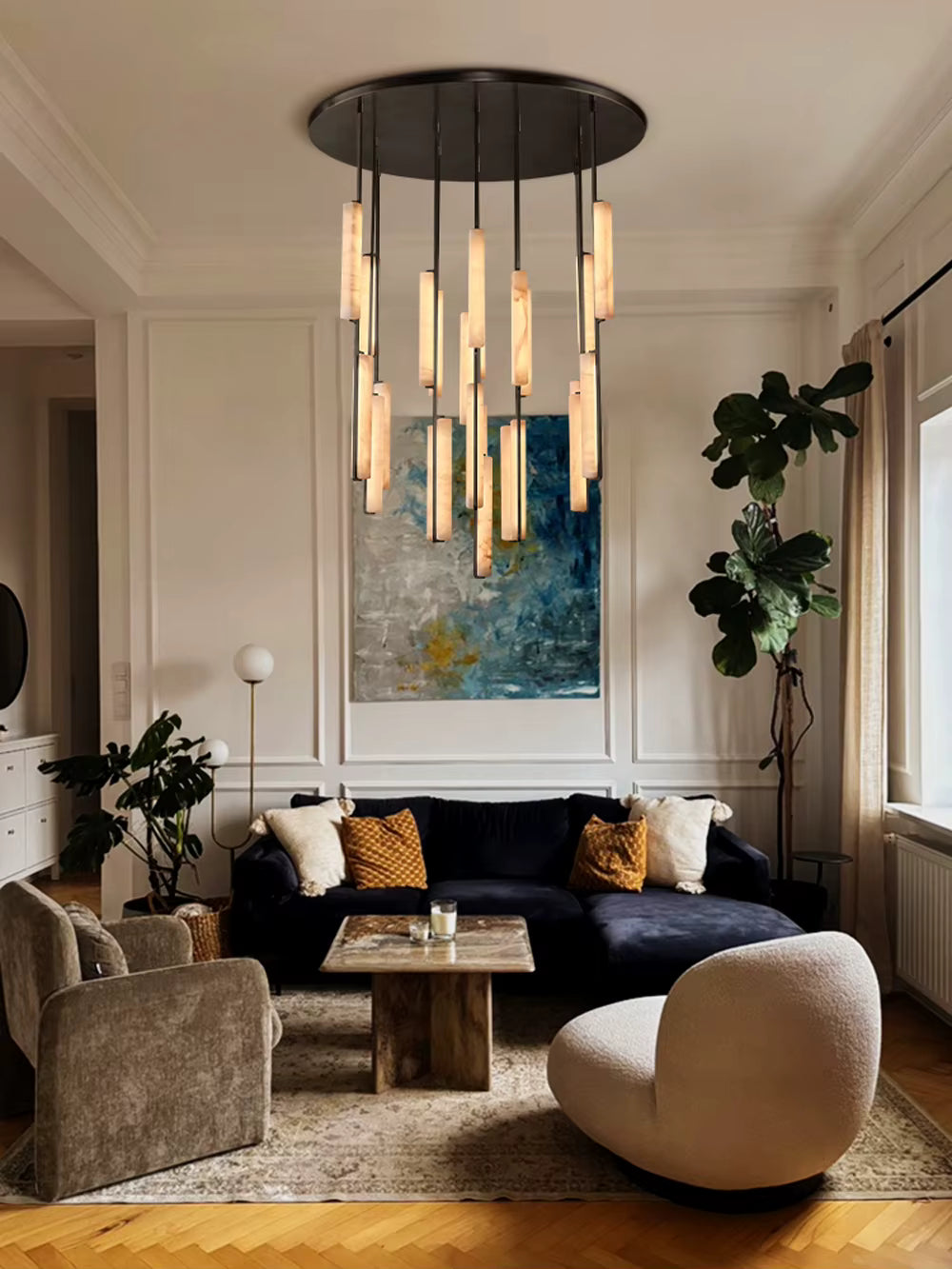 Palix Marble and Brass Chandelier for high ceiling staircase and foyer lighting