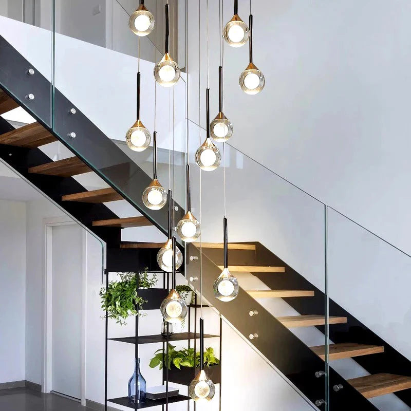 Pely Modern Crystal Stairway Chandelier for high ceiling staircase and foyer lighting